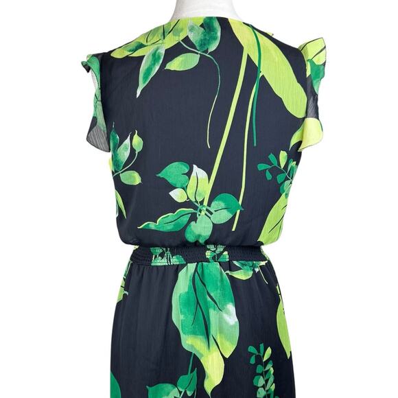 White House Black Market Green Tropical Leaf Print Black Chiffon Ruffle Dress - Picture 6 of 10